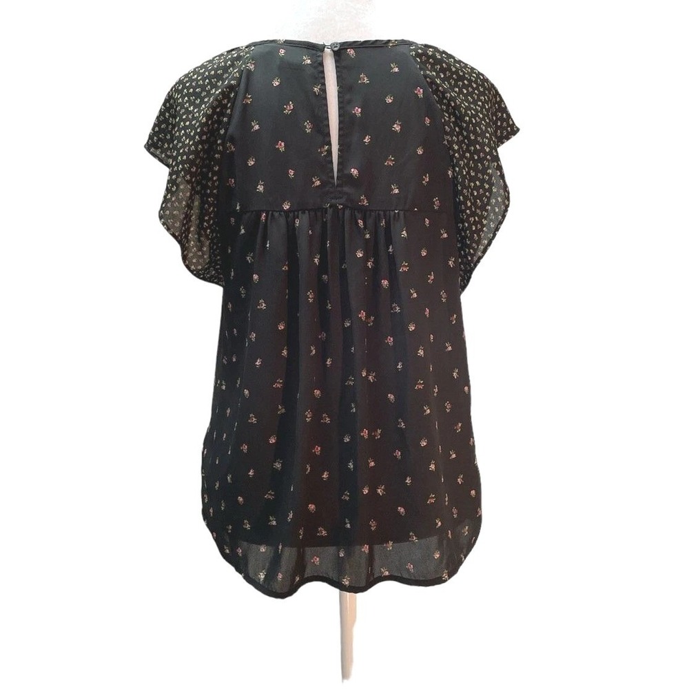 Gap Women Black Pink Floral Flutter Sleeve Cottage Boho Chiffon Career Blouse XS - Picture 5 of 6
